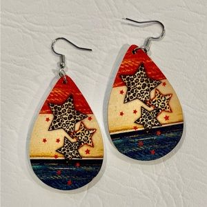 Wooden dangle patriotic earrings with leopard print stars